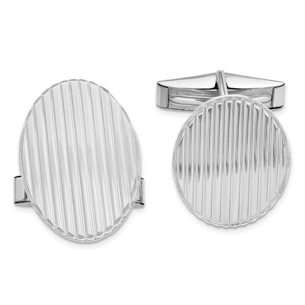 Rhodium Plated Sterling Silver Grooved Striped Oval Cuff Links 16x22mm